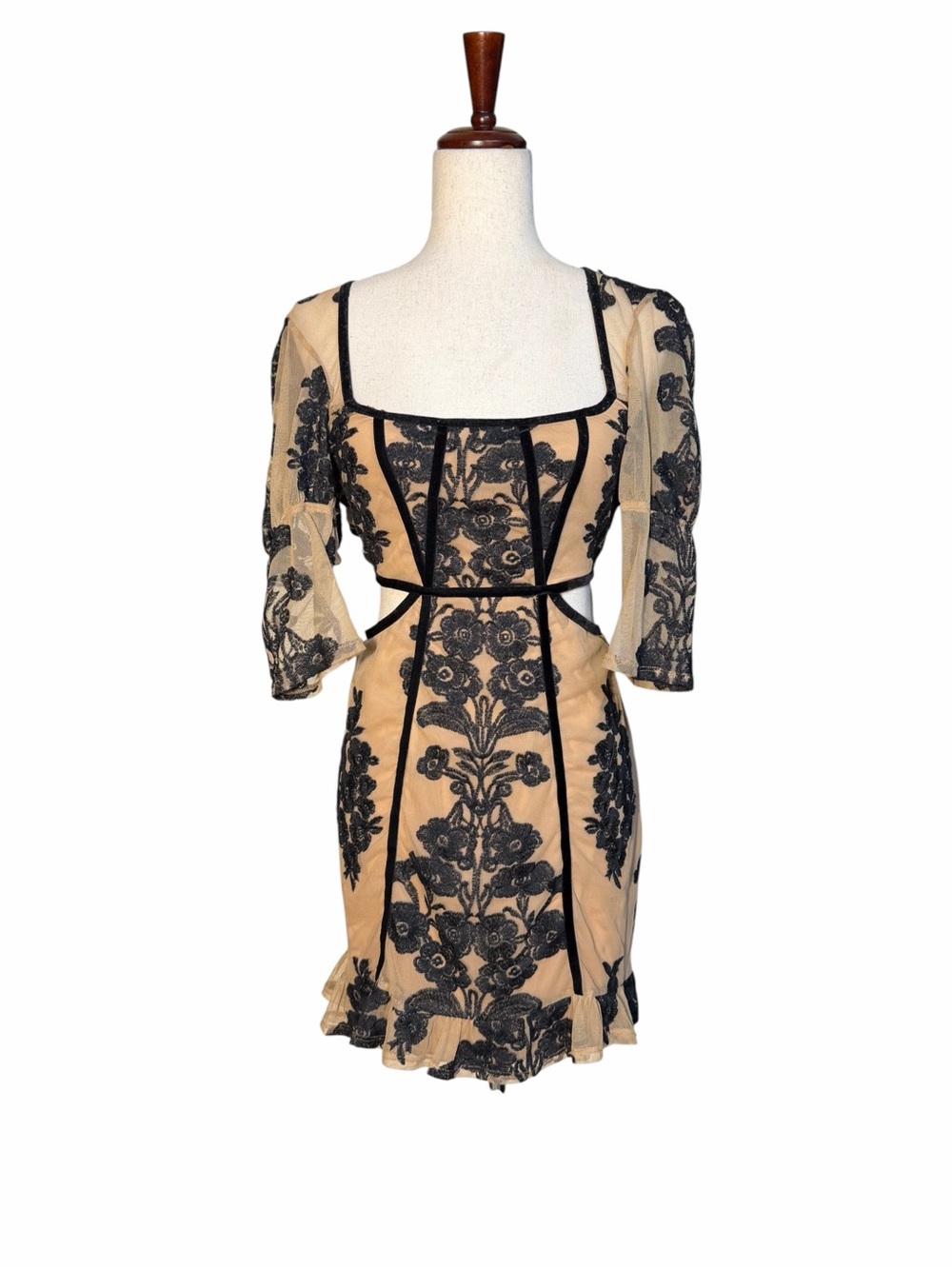 For Love & Lemons Black Floral Embroidered Open Back Mini Dress Large
